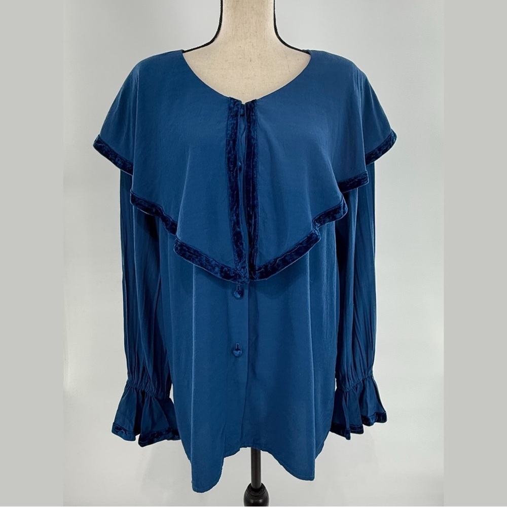 Hairston Roberson Ropa Blue Rayon Blouse Velvet Trim Ruffle Sleeve Women’s Large - Picture 9 of 10
